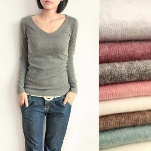 大額批發女秋新款v領羊毛絨磨毛短款打底衫純棉針織衫t恤韓版